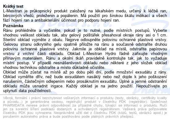 Krytí Hydrogelové L-mesitran Hydro hydroaktivní antimikrobiální krytí s lékařským med - popis