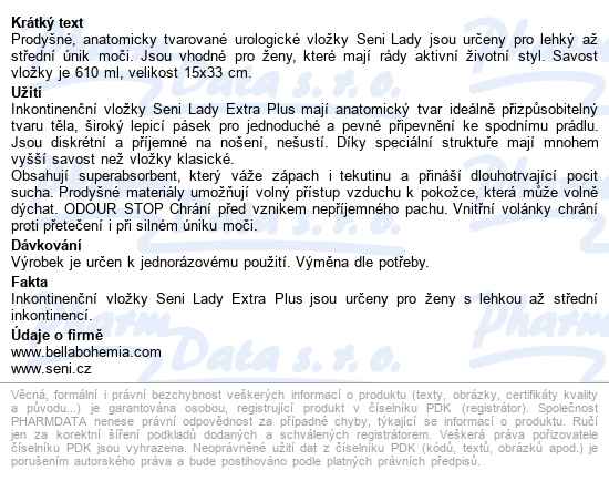 Seni Lady Extra Plus vložky absorpční pro ženy,15x33cm, savost 590ml, 1 - popis