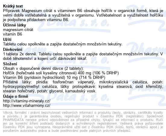 Vitaharmony Magnesium Citrát 400mg+vit.b6 Tbl.60 - popis