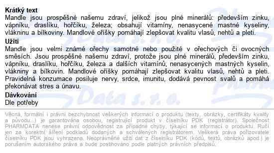 Allnature Mandle Jádra Natural 500g - popis