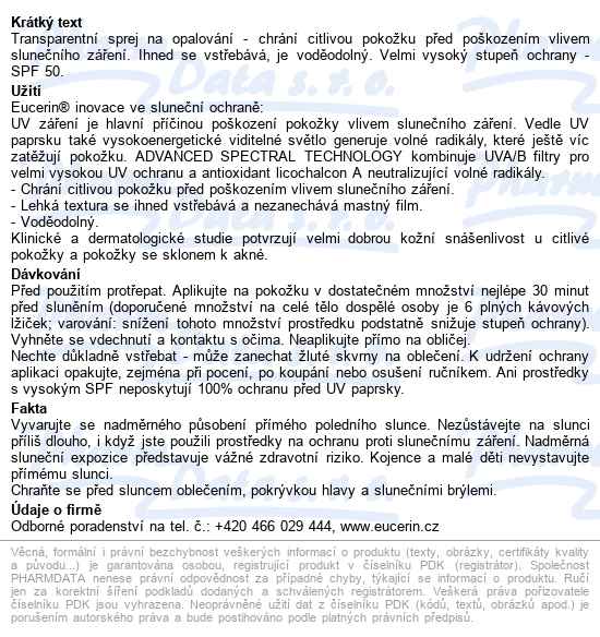Eucerin Sun Tr.sprej Aerosol Drytouch Spf50 200ml - popis