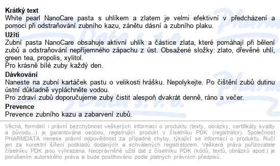 White Pearl Nanocare Gold Zubní Pasta 100g - popis
