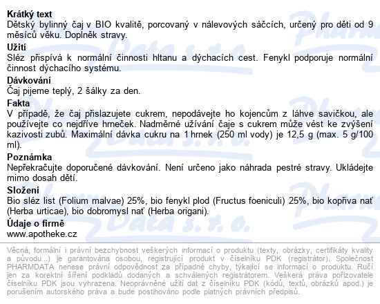 Apotheke Dětský Bylinný čaj Průduškový Bio 20x1.5g - popis