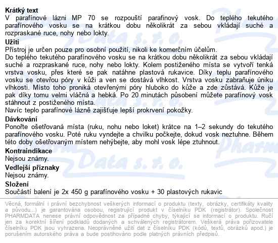 Parafínová Lázeň Beurer Mp 70 - popis
