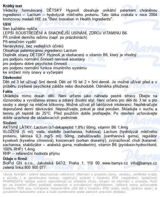 Barnys Dětský Hypnox Zklidňující Sirup 120ml - popis