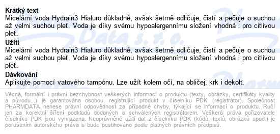 Dermedic Hydrain3 Hialuro Micelární Voda 500ml - popis
