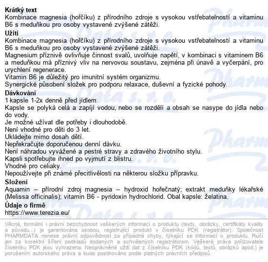 Terezia Magnesium+vitamin B6 A Meduňka Cps.30 - popis
