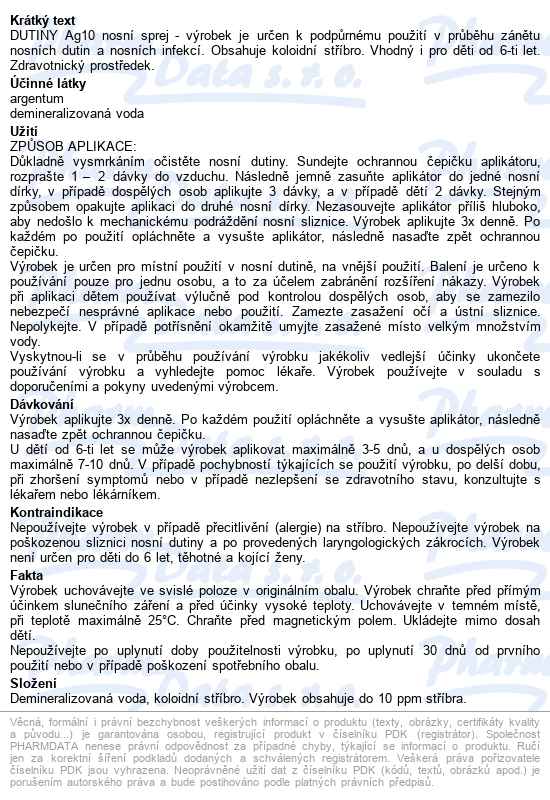 Stříbro Dutiny Koloidní Ag10 Nosní Sprej 15ml - popis