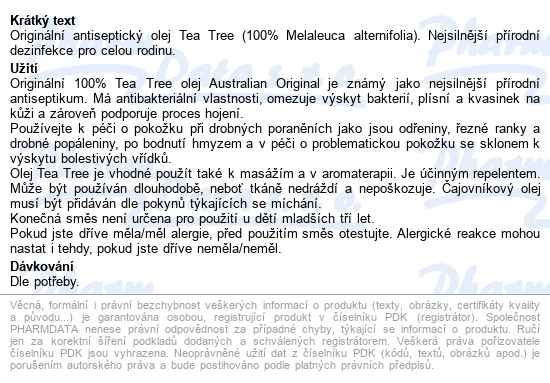 Australian Original Tea Tree Oil 100% 10ml - popis