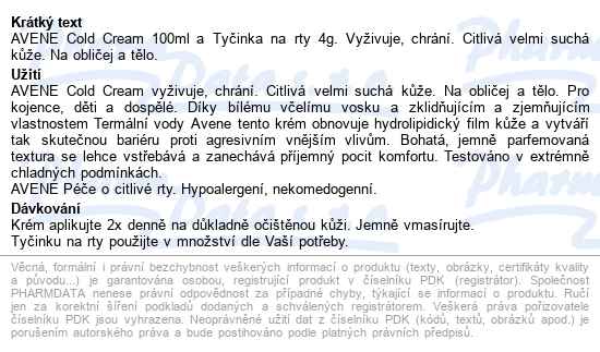 Avene Cold Cream 100ml+tyčinka Na Rty 4g - popis