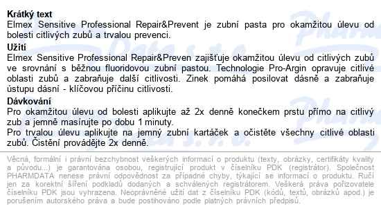 Elmex Sensitive Prof.repair&prevent Zub.pasta 75ml - popis