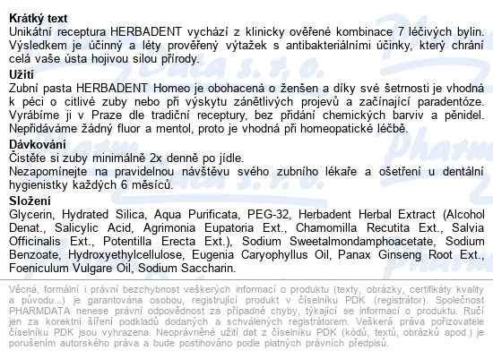 Herbadent Original Homeo Zub.pasta Bez Menth.100g - popis