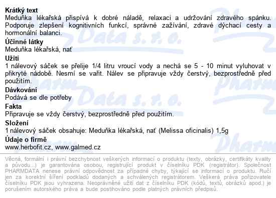 Herbofit Bylinný čaj Meduňka 20x1.5g - popis