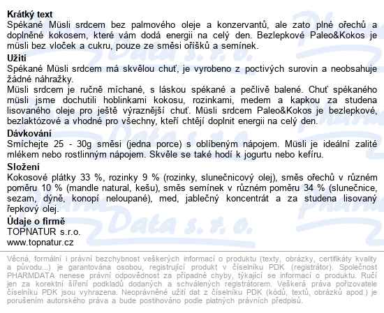 Müsli Srdcem Paleo&kokos 350g Topnatur - popis
