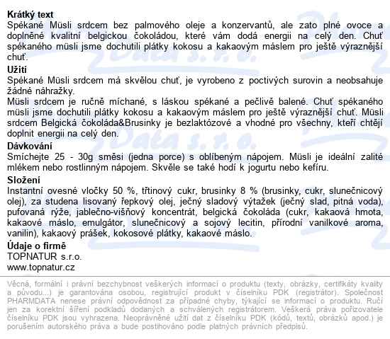 Müsli Srdcem Belgi.čokoláda&brusinky 350g Topnatur - popis