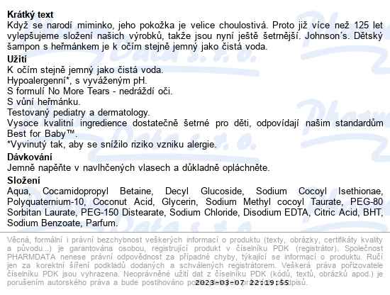 Johnsons Dětský šampon s heřmánkem 500 ml - popis