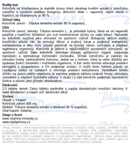 Vitaharmony Kotvičník 500mg Cps.80 - popis