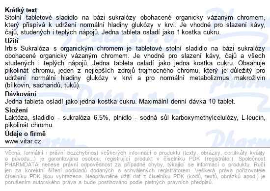 Irbis Sukralóza S Chromem Tbl.110 Dávkovač - popis