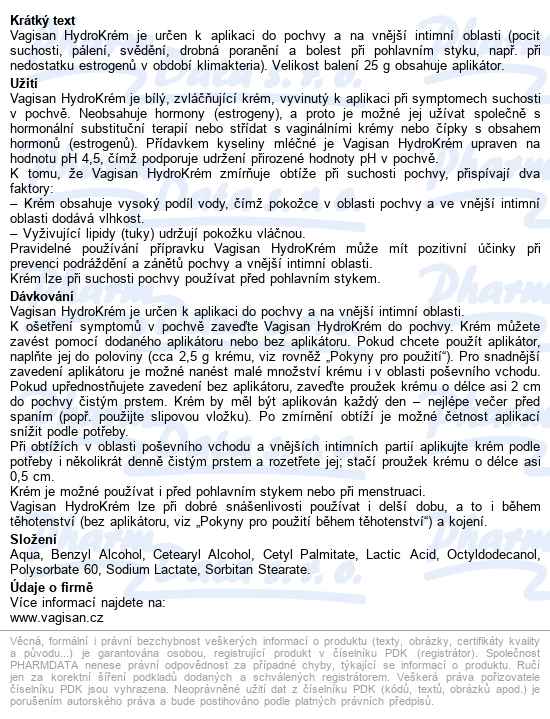 Vagisan Hydrokrém 25g - popis