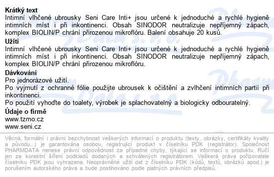Seni Care Intimní Vlhčené Ubrousky Inti+ 20ks - popis