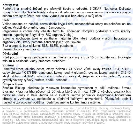 Biokap Spray Touch up Hnědý světlý krycí sprej 75 ml - popis