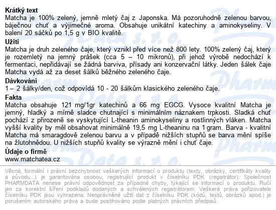 Premium Matcha Tea Bio 20x1.5g - popis