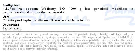 Kukuřice na popcorn BIO 1000g Wolfberry - popis