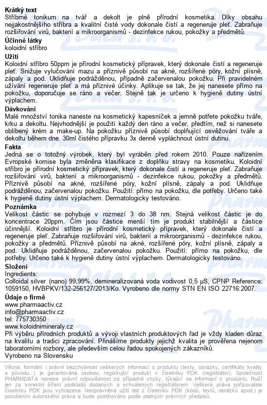 Koloidní Stříbro Ag100 50ppm 500ml - popis