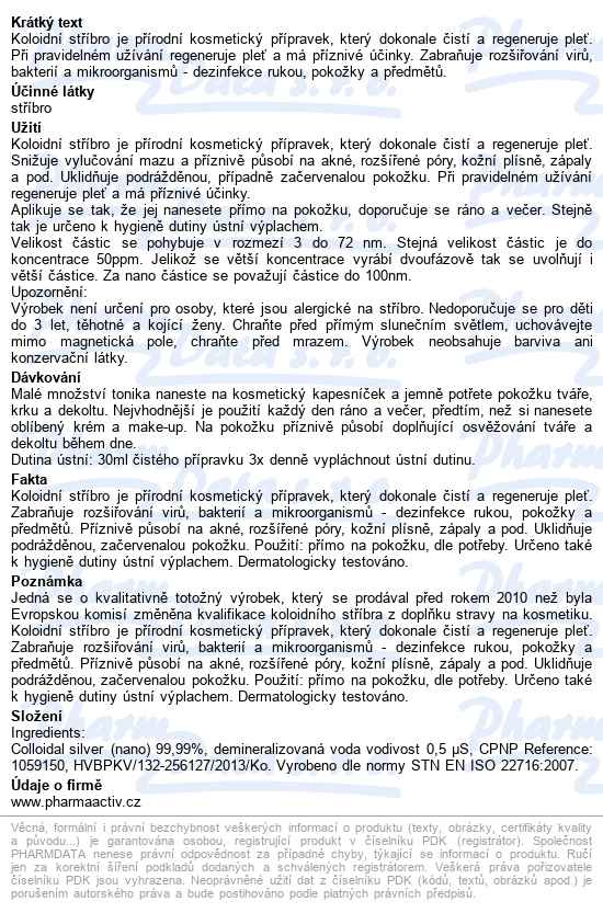 Koloidní Stříbro Ag100 50ppm 1000ml - popis