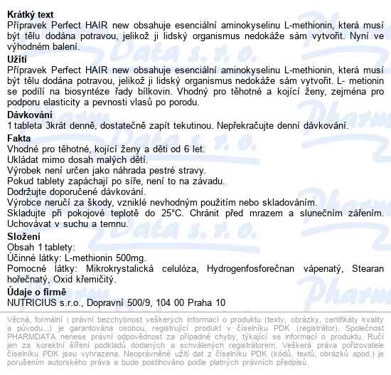 Perfect Hair New Methio.500mg Tbl.200+zinek Tbl.30 - popis