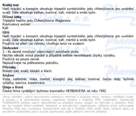 Hadí Mazání S Konopím A Kaštanem Herbavera 200ml - popis
