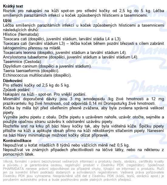Dronspot 60mg/15mg Střední Kočky Spot-on 2x0.7ml - popis
