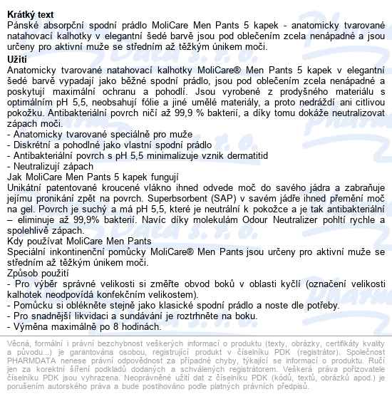Kalhotky Navlékací Molicare Men Pants 5 Kapek M boky 80-120cm,850ml,8ks - popis