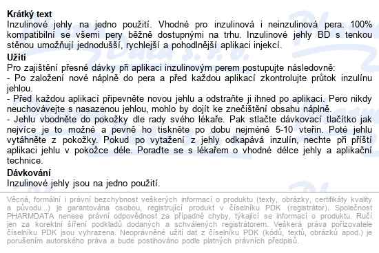 Bd Inzulínové Jehly K Jednorázovému Použití bd jehličky k inzulínovým perům 6mm, 31g - tenkost - popis