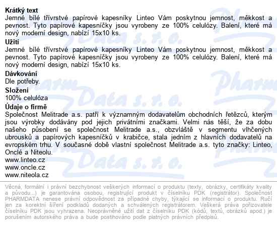 Papírové Kapesníky Linteo 3-vrstvé 15x10ks - popis