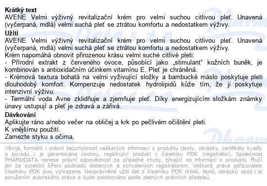 Avene Extra Výživný Revitalizační Krém 50ml Sleva - popis