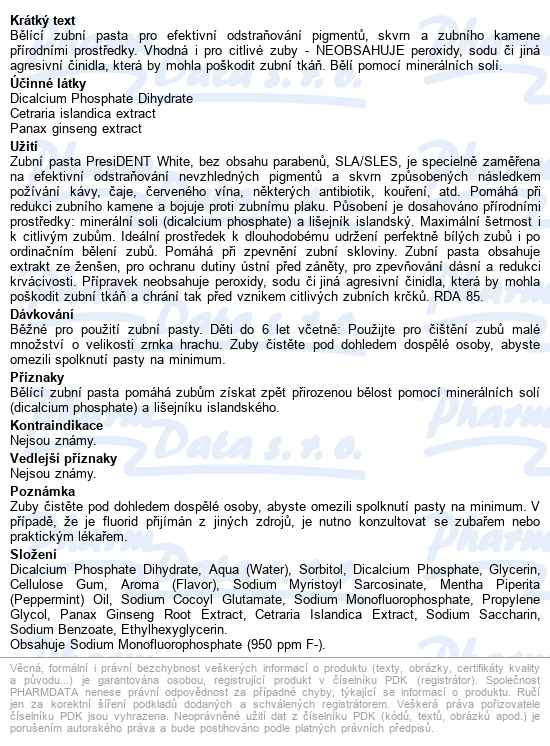 President Zubní Pasta White 75ml - popis