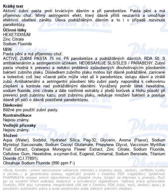 President Zubní Pasta Active 75ml - popis