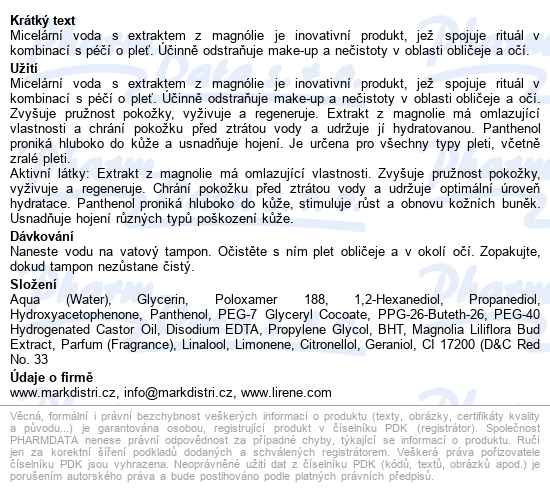 Lirene Micelární Voda S Extraktem Z Magnólie 400ml - popis