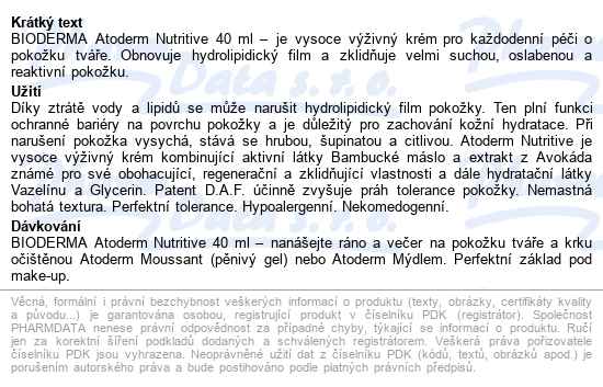 Bioderma Atoderm Nutritive 40ml 1+1 - popis