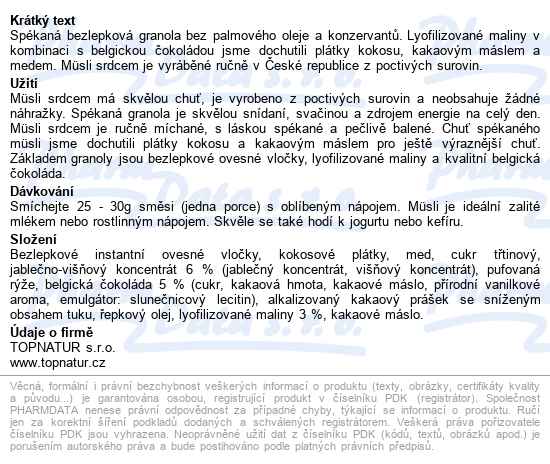 Müsli Srdcem Malina&belg.čokoláda 250g Topnatur - popis