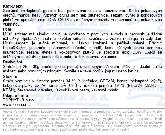 Müsli Srdcem Paleo&kokos Low Carb 350g Topnatur - popis