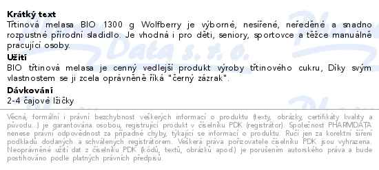 Třtinová melasa BIO 1300 g Wolfberry - popis