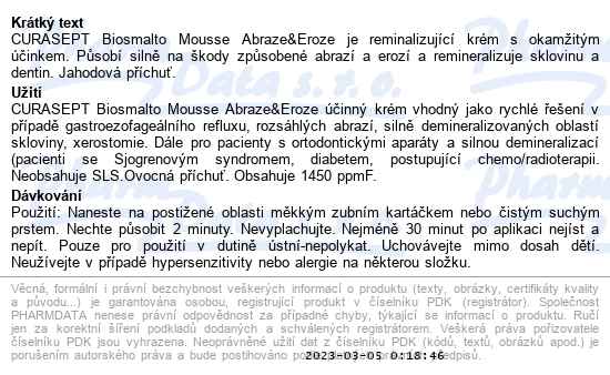 Curasept Biosmalto mousse reminalizující krém jahoda 50 ml - popis