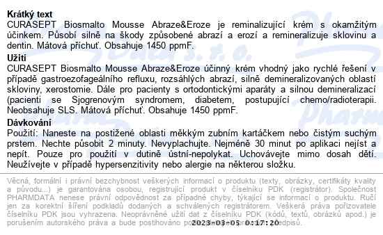 Curasept Biosmalto mousse reminalizující krém máta 50 ml - popis