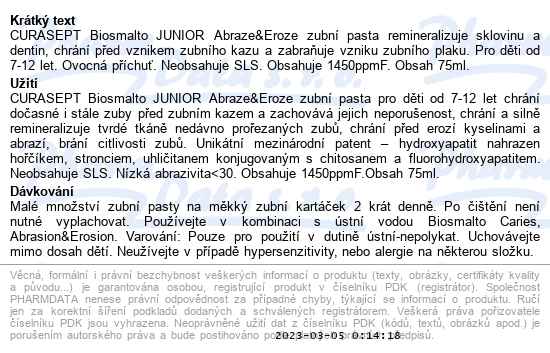 Curasept Biosmalto junior zubní pasta 75 ml - popis