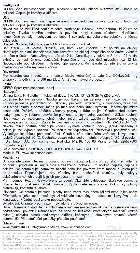 Off! Sport Repelent Rychleschnoucí Sprej 100ml - popis