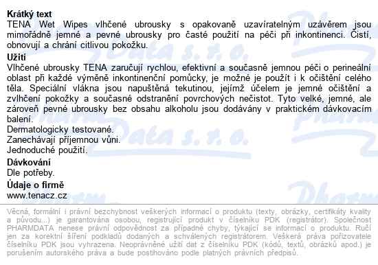 Tena Wet Wipes Vlhčené Ubrousky 48ks 8339 - popis