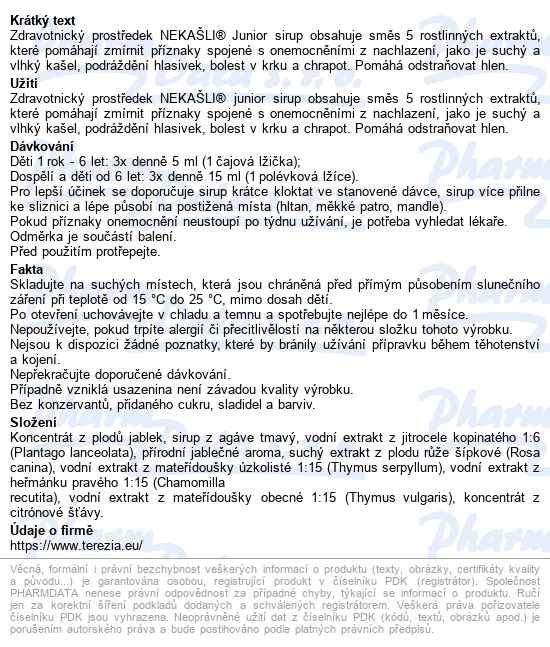 Terezia Nekašli Junior Bylin.sirup Na Kašel 150ml - popis