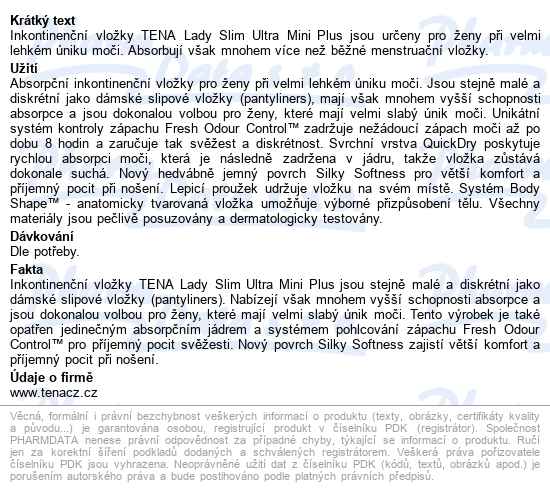 Tena Lady Slim Ultra Mini Plus vložky absorpční, 24ks, 111ml - popis